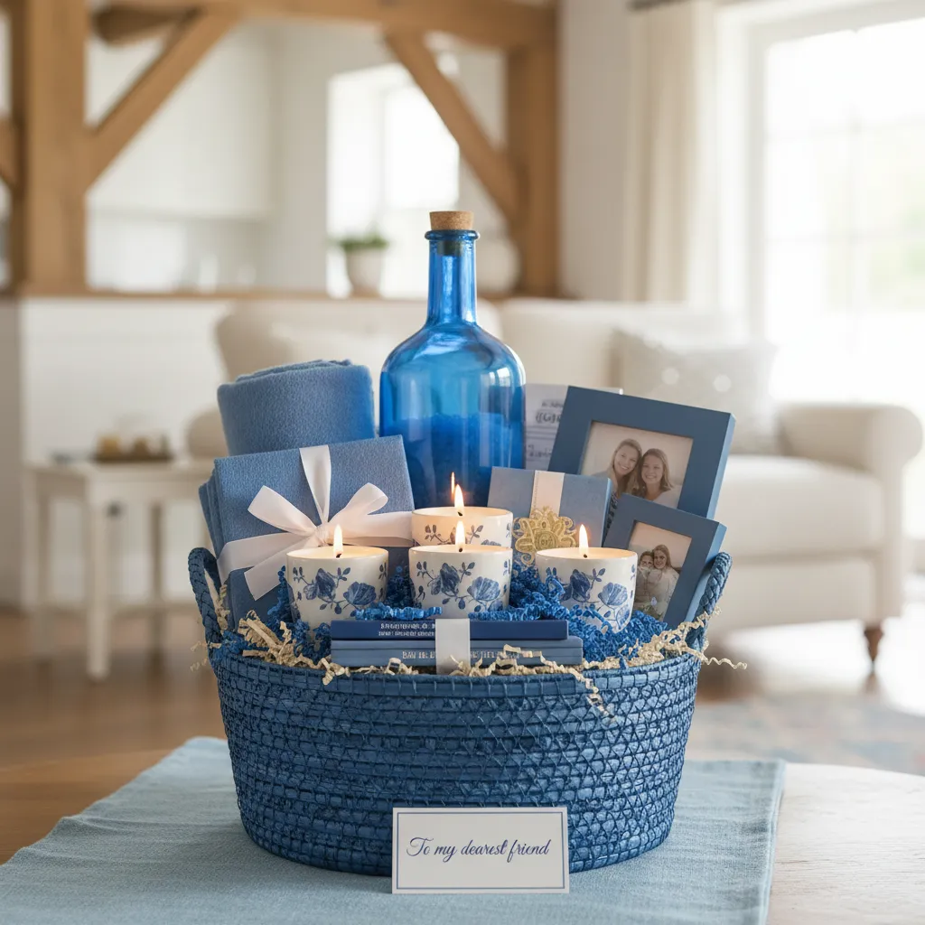 Vertical Layering Techniques for Gift Baskets Gift basket showing vertical layering with tall and short blue items