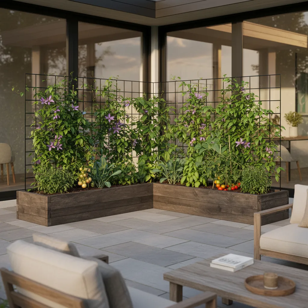 Vertical Trellis Garden Bed Design Vertical trellis system attached to an L-shaped raised garden bed