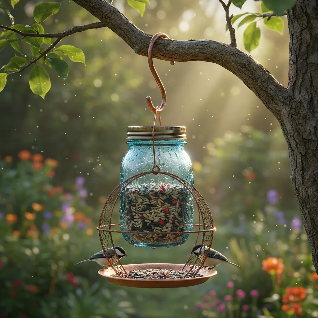 Vintage Mason Jar Bird Feeder in Garden Blue mason jar bird feeder hanging in a sunlit garden setting