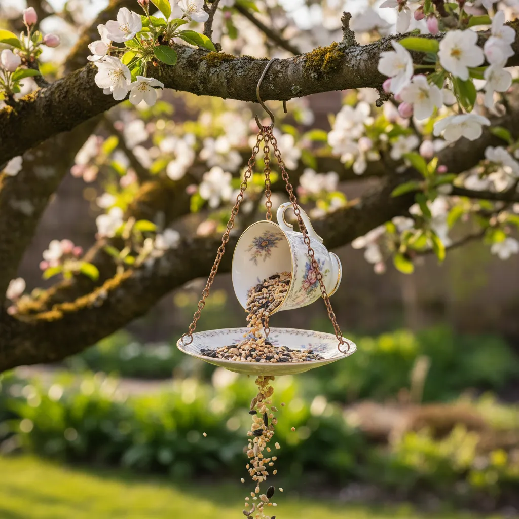 Vintage Teacup Bird Feeder Hanging in Garden Upcycled vintage teacup bird feeder hanging from a tree branch with bird seed