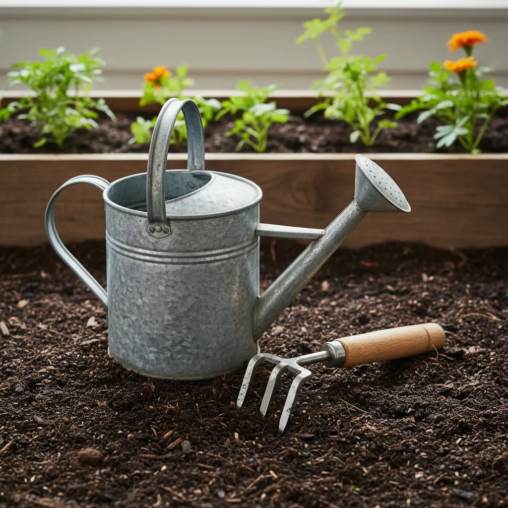 Vintage Watering Can and Cultivator Galvanized metal watering can and garden cultivator on soil