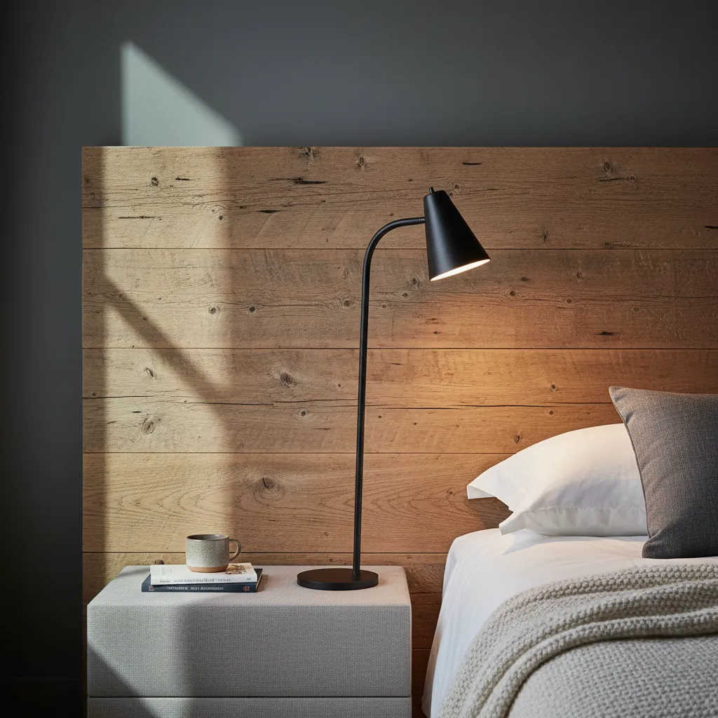 White Oak Wood Texture Modern Bedroom Close up of matte white oak wood grain contrasted with a sleek black modern lamp