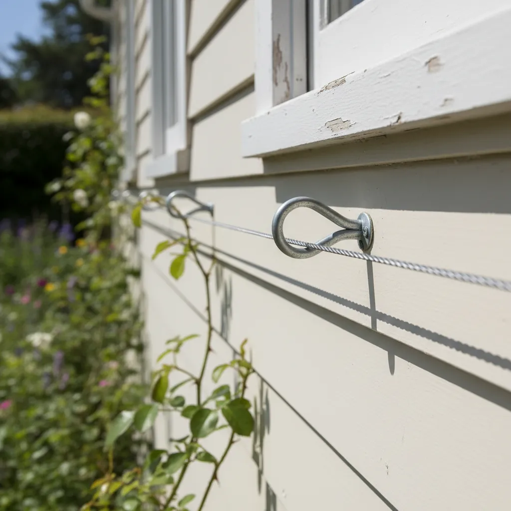 Close up of metal spacer creating air gap between climbing rose wire and house siding