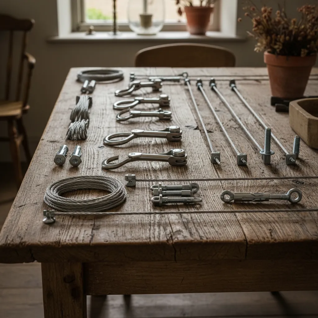 Flat lay of stainless steel wire trellis components including turnbuckles and anchors