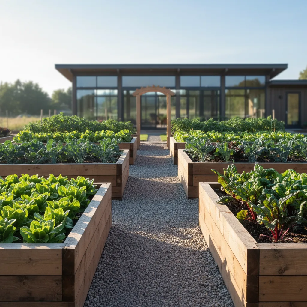 Zero Waste Raised Bed Garden Layout Parallel cedar raised garden beds with gravel paths and fresh vegetables