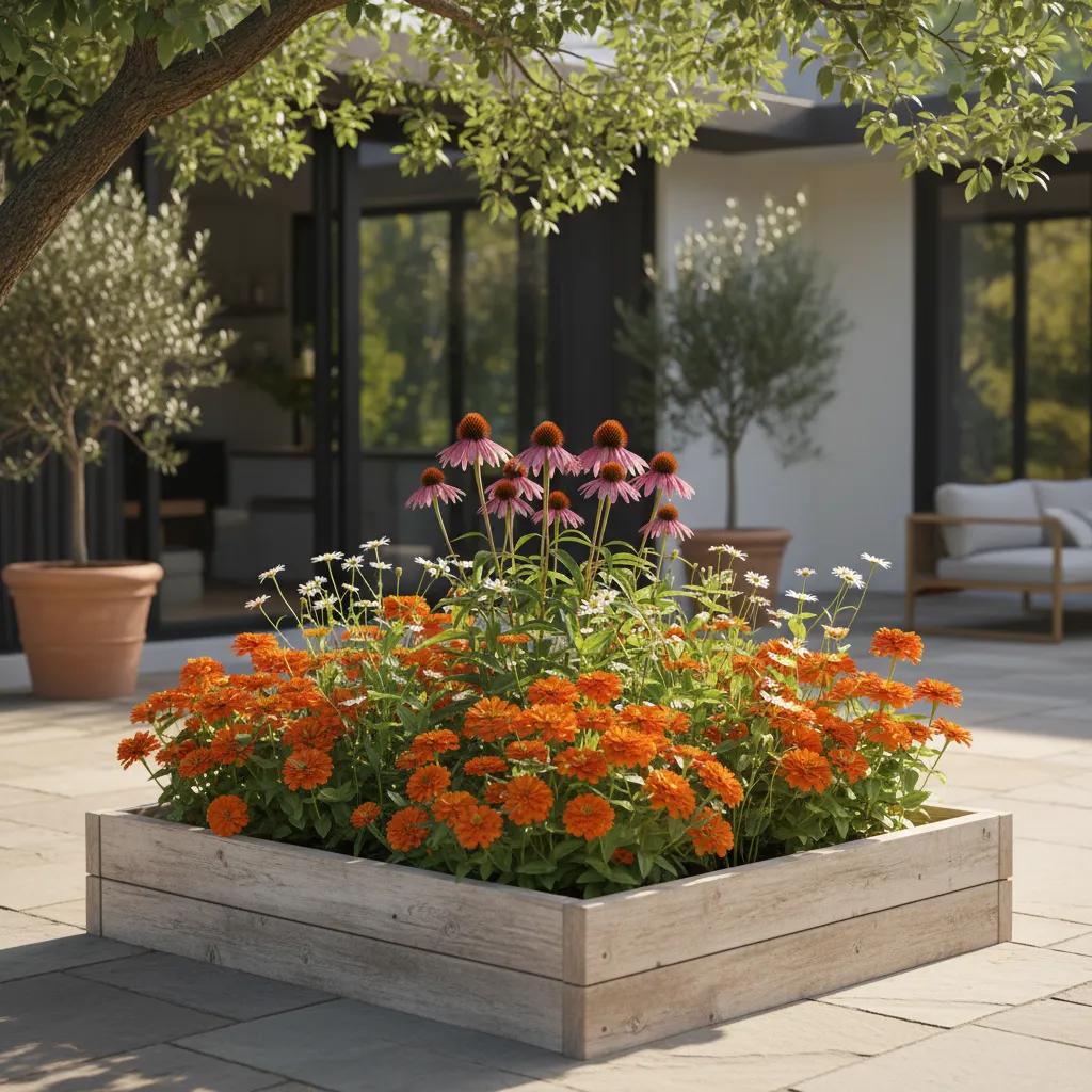 Zinnia and Coneflower Garden Mix Purple coneflowers surrounded by orange zinnias in a garden bed