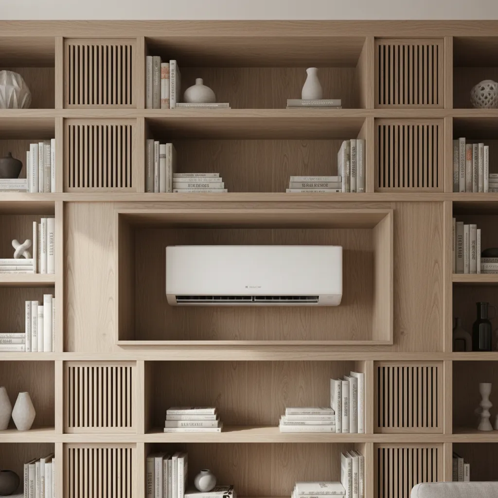 AC Airflow Clearance Detail Detail shot of an AC unit inside a custom wooden frame showing proper clearance.