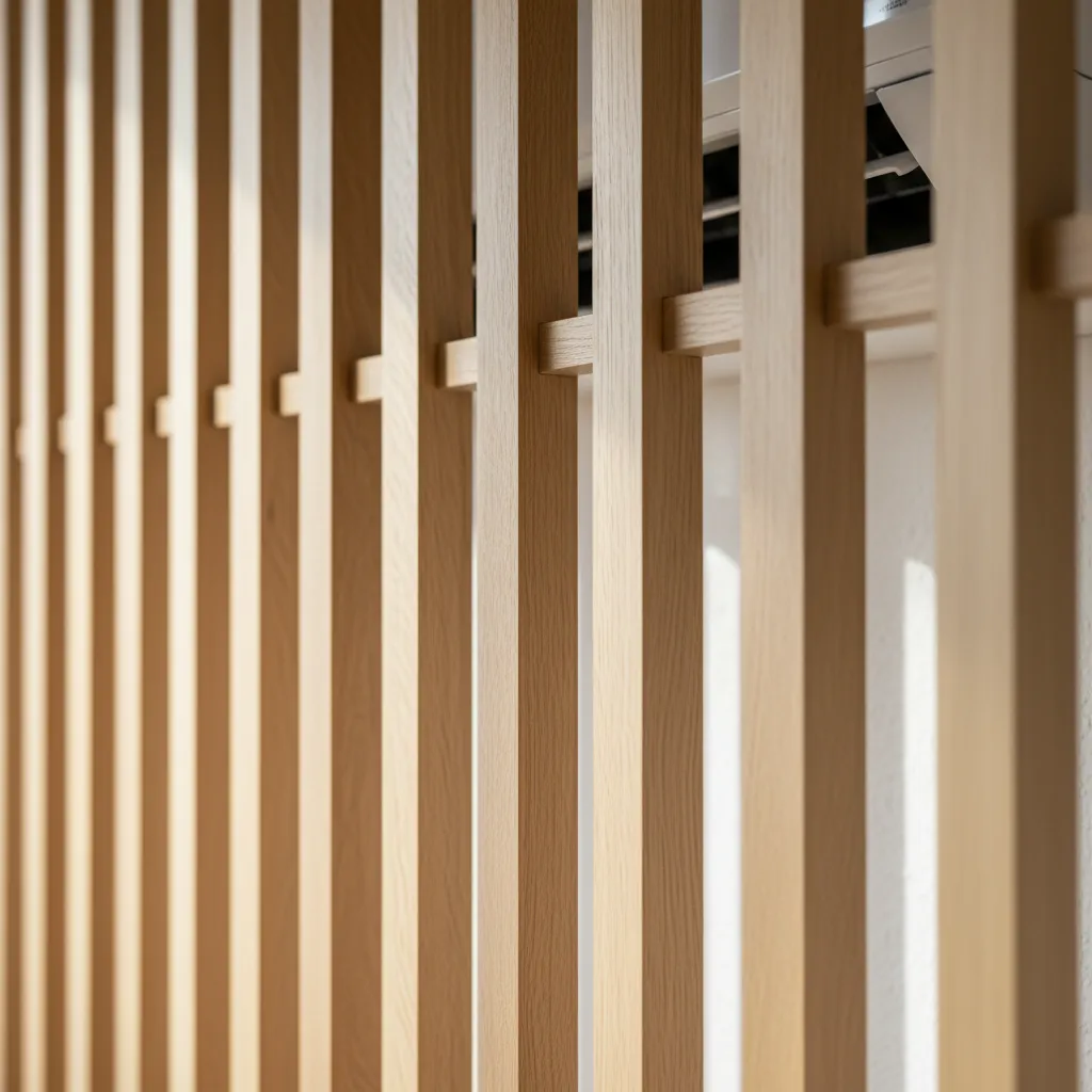 AC Cover Slat Spacing Detail Detail showing the gap between wood slats for proper AC ventilation