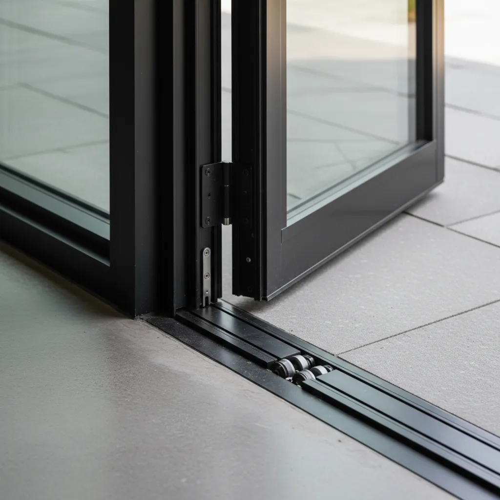 Black aluminum accordion door track system installed in a modern lake house