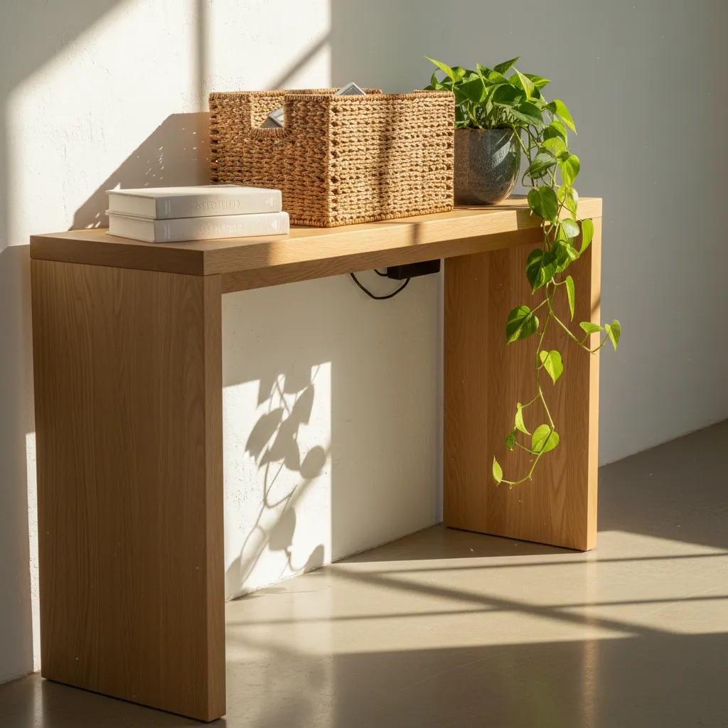 A stylish rattan basket and faux books on a wooden console table used as aesthetic ways to hide internet routers and modems.