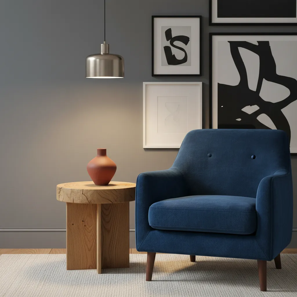 Ambient 4000K lighting highlighting mid-century furniture and velvet textures