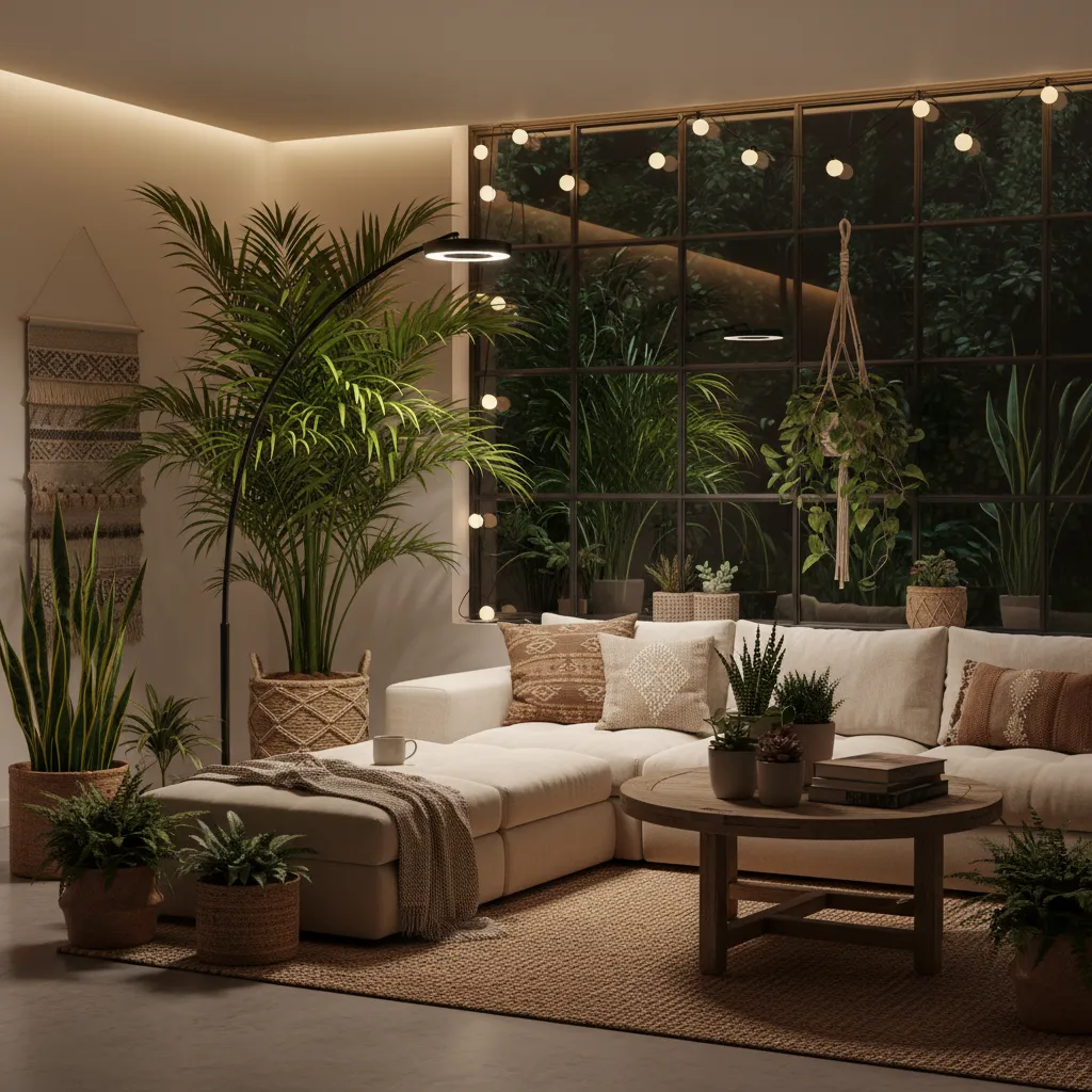 Warm living room lighting with grow lights and string lights at night