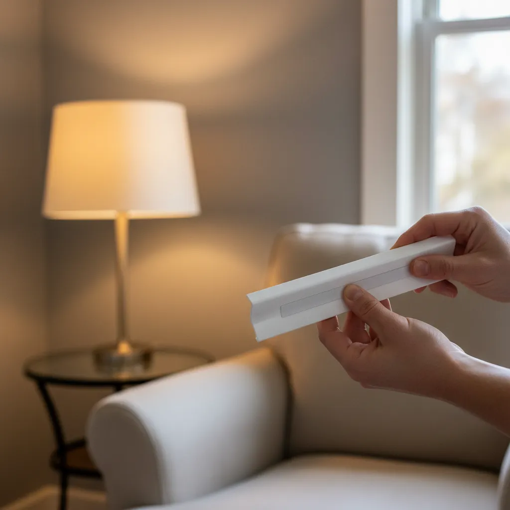Close up of damage free adhesive strips being applied to a wall raceway to hide TV cords.