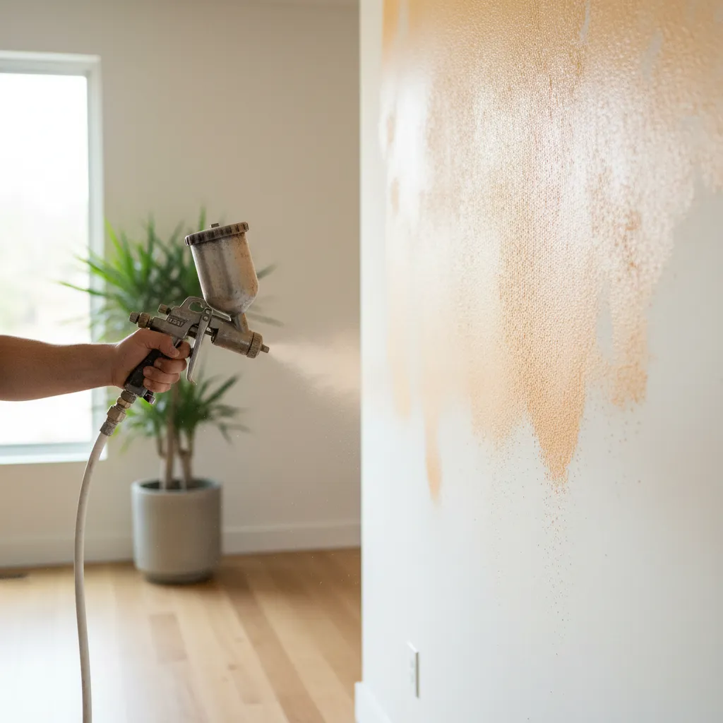 Applying Wall Texture Spray gun applying orange peel texture to primed mobile home walls