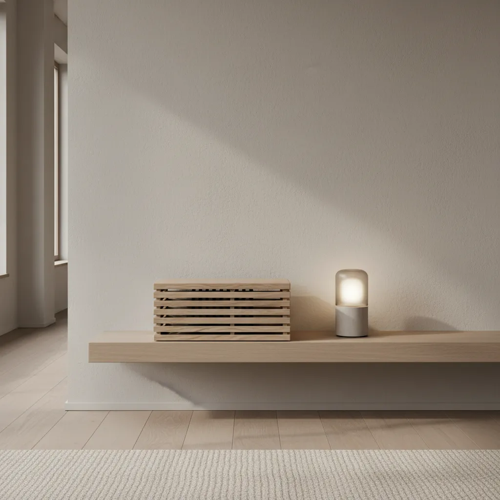 Close up of an ash wood slatted cover hiding a modem next to a frosted glass lamp
