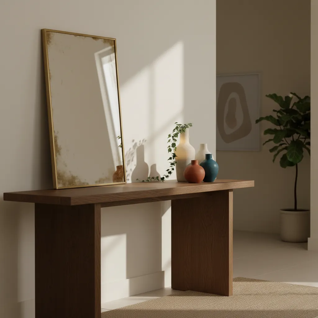 Wide oak console table styled asymmetrically with an offset brass mirror and textured vases