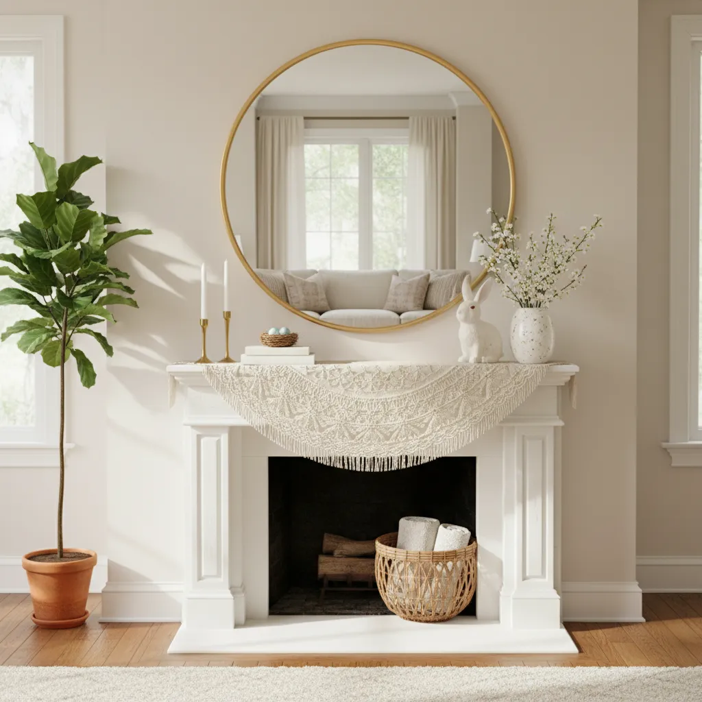 Balanced Asymmetrical Easter Mantle Living room mantle with mirror and asymmetrical decor