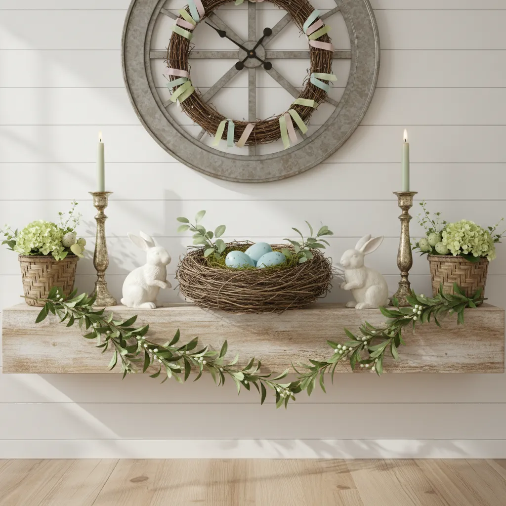 Balanced Farmhouse Easter Display Symmetrical Easter mantle decoration with ceramic bunnies