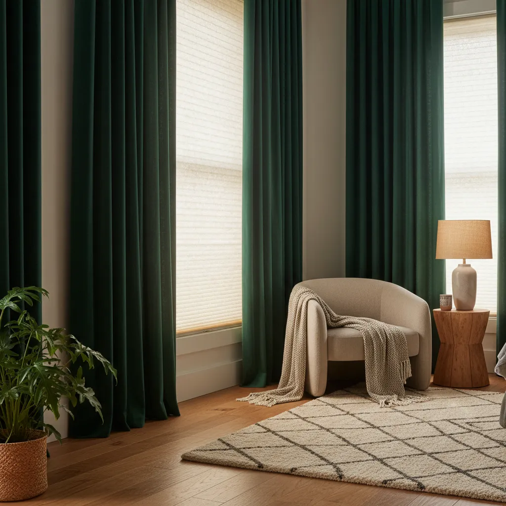 Bedroom Curtains And Cellular Blinds Layered thermal curtains and cellular blinds in a cozy bedroom