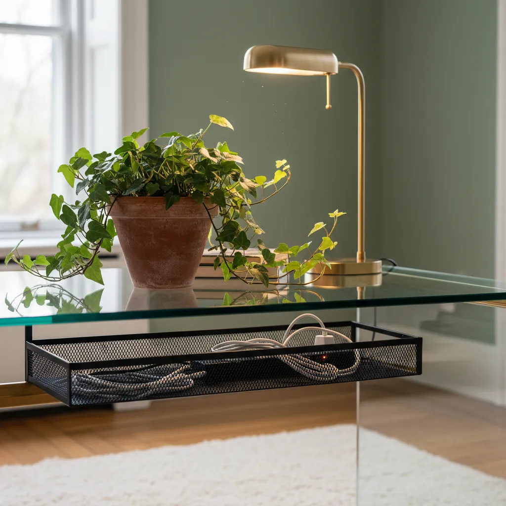 Bedroom Desk Styling Essentials Close up of a glass bedroom desk decorated with ivy in a terracotta pot
