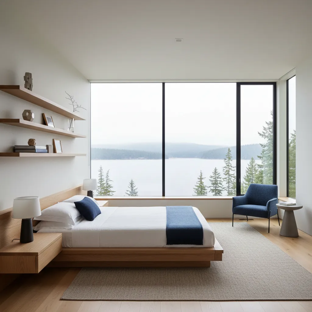 Minimalist bedroom layout with bed facing large lake view window