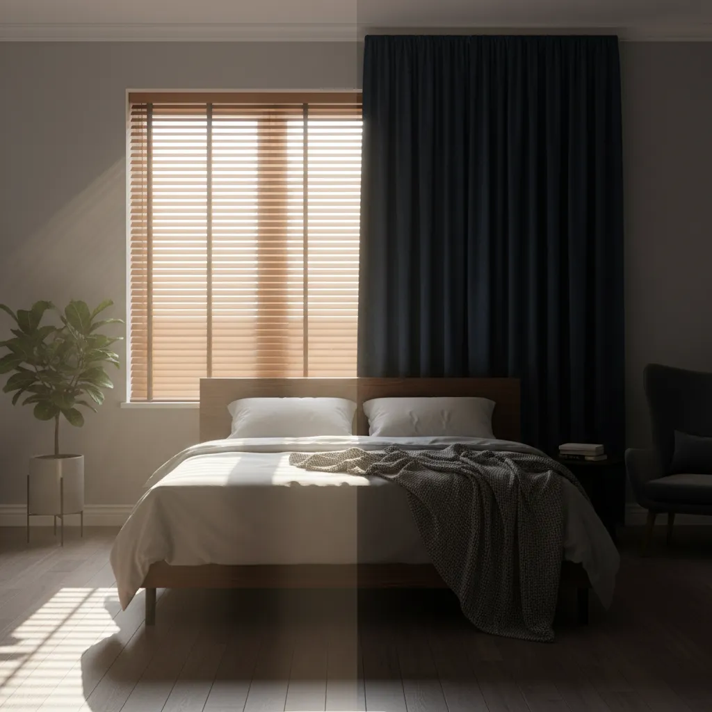 Bedroom Lux Meter Light Test Split view of a bedroom showing light leaking through blinds versus dark blackout curtains