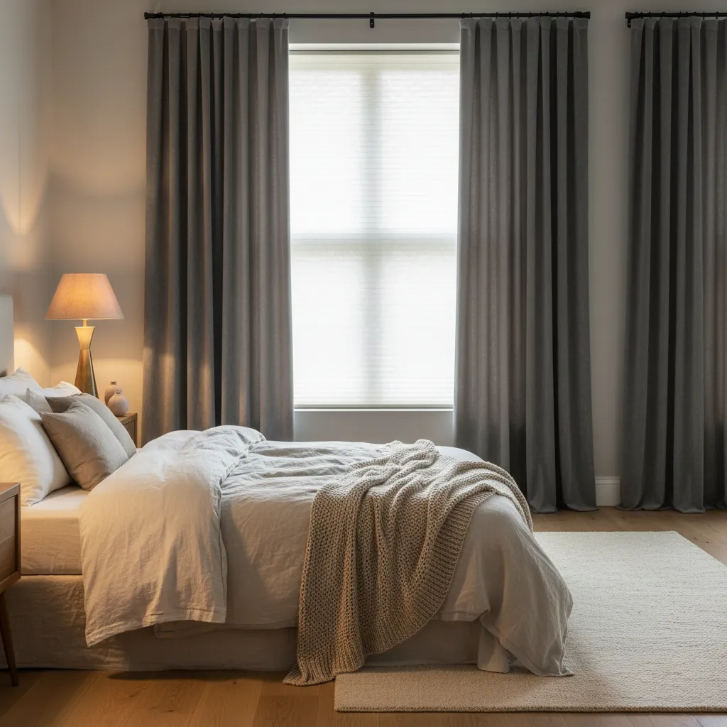 Layered cellular shades and velvet curtains on a bedroom window for insulation and light blocking.