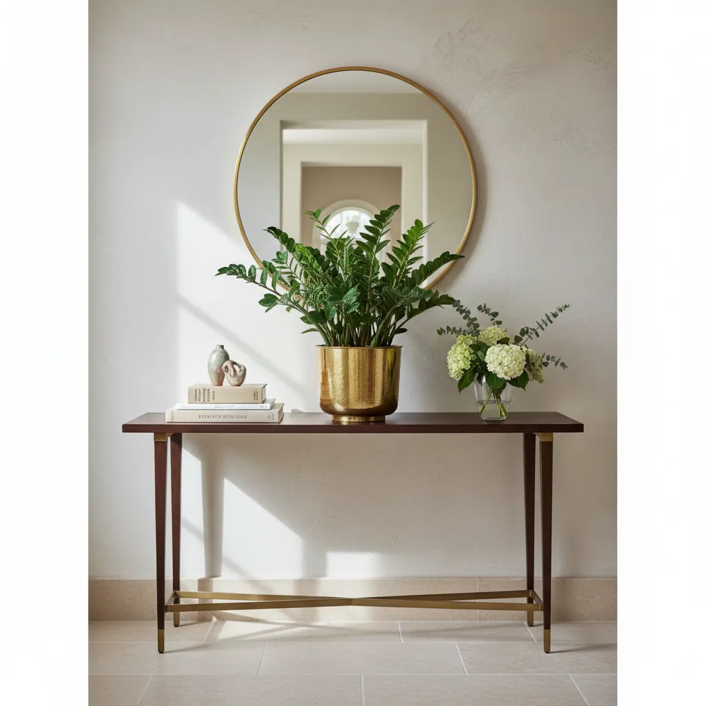 Potted ZZ plant in a brass planter on a wood console table