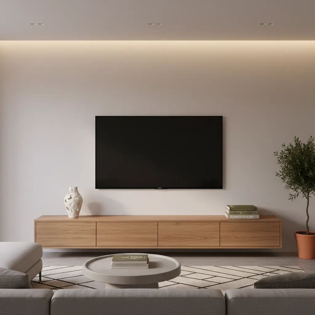 A clean, minimalist living room setup showing a wall-mounted TV with hidden wires and a curated oak media console.