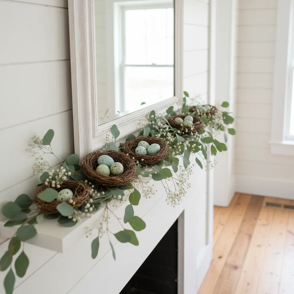 Bird Nests and Eucalyptus Mantle Decor Twig bird nests with eucalyptus greenery on a fireplace