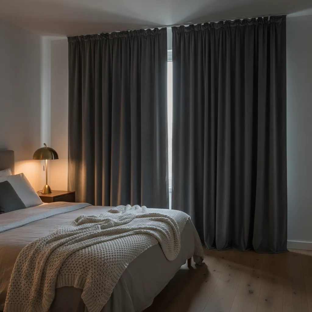 Blackout Velvet Bedroom Curtains Thick charcoal velvet blackout curtains tightly drawn in a cozy modern bedroom