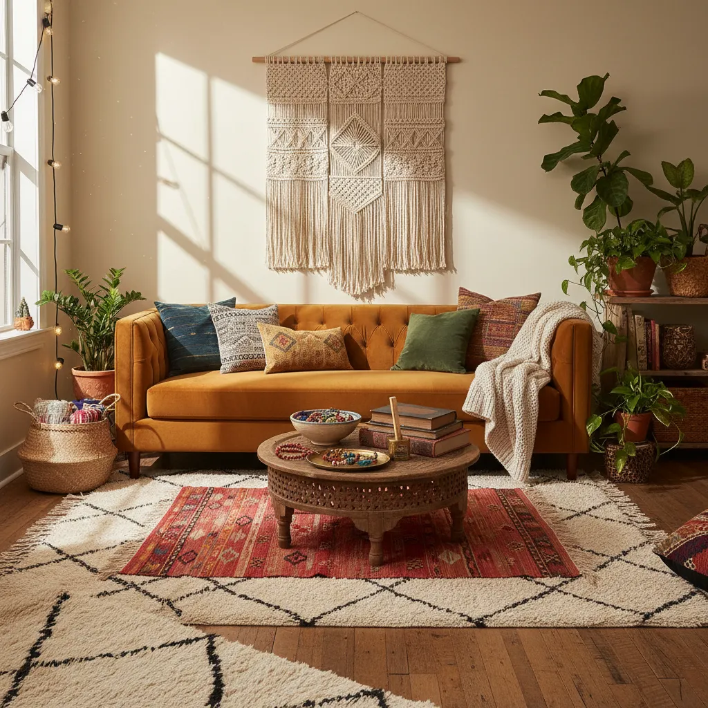 A layered bohemian eclectic living room with rich textures and global decor