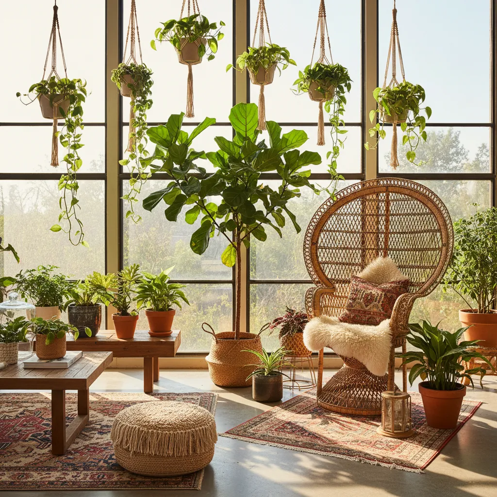 Sunlit boho living room with large indoor plants and rattan furniture