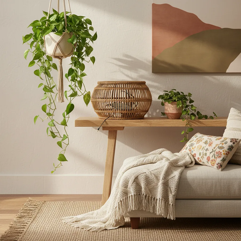 A natural woven rattan basket sitting on an oak console table hiding a wifi router in a boho chic living room