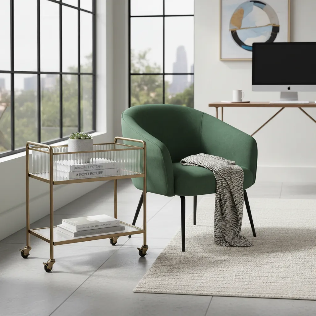 Elegant brass mobile storage cart next to a velvet chair