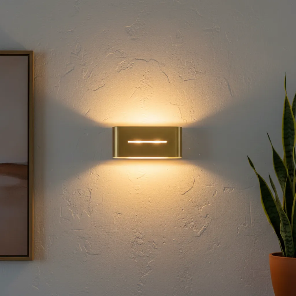 Brushed brass wall sconce glowing warmly against a soft white painted wall