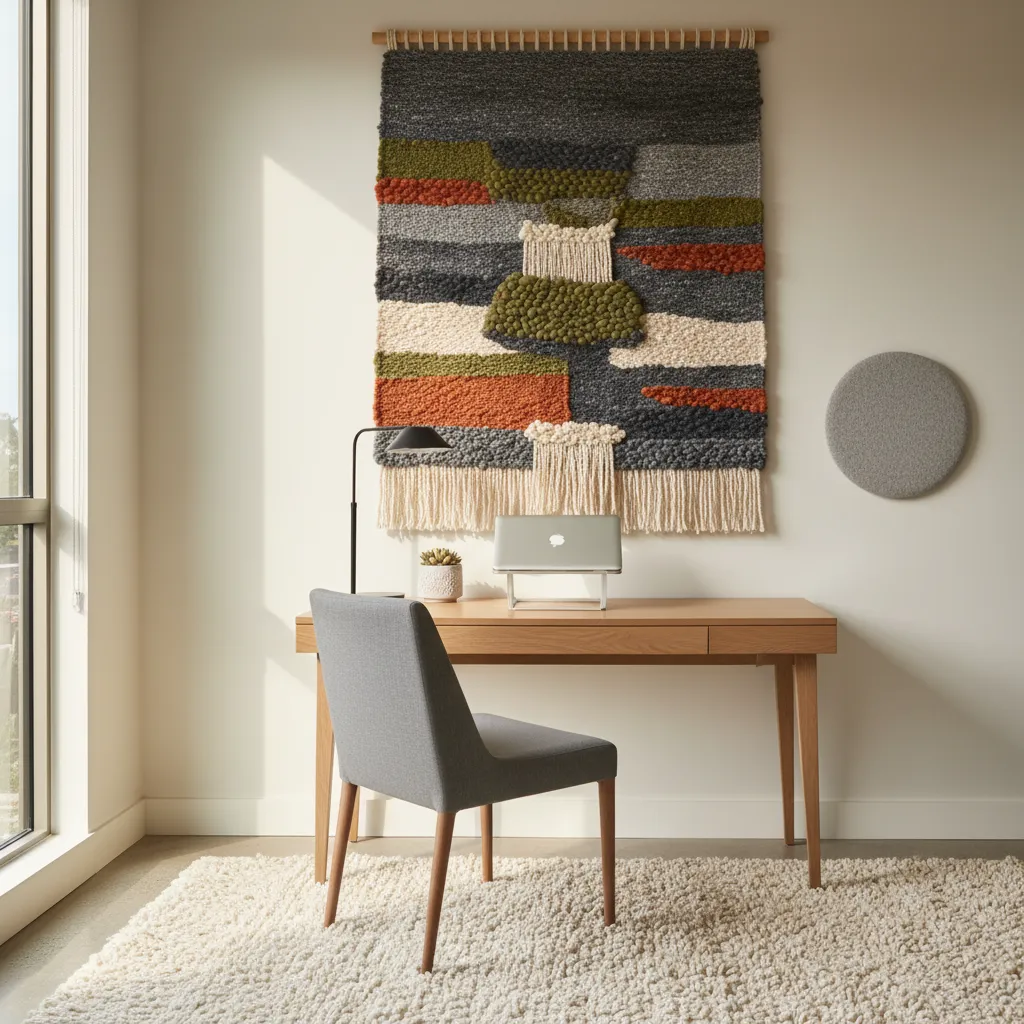 Cozy workspace with woven tapestry and thick rug