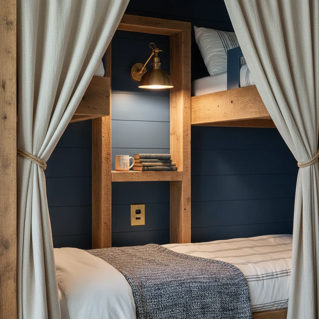 Detail of bunk bed niche with reading light shelf and privacy curtain