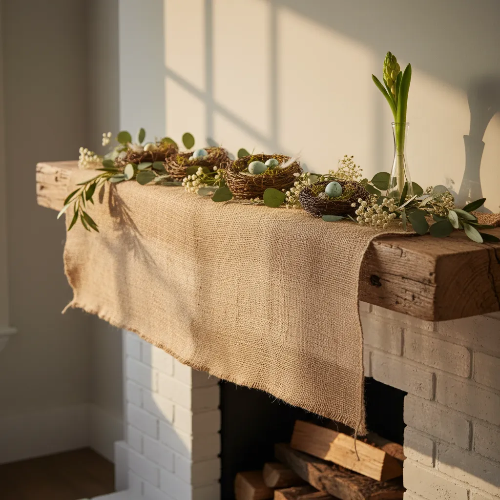 Burlap Mantle Runner Detail Burlap fabric texture on a farmhouse fireplace mantle