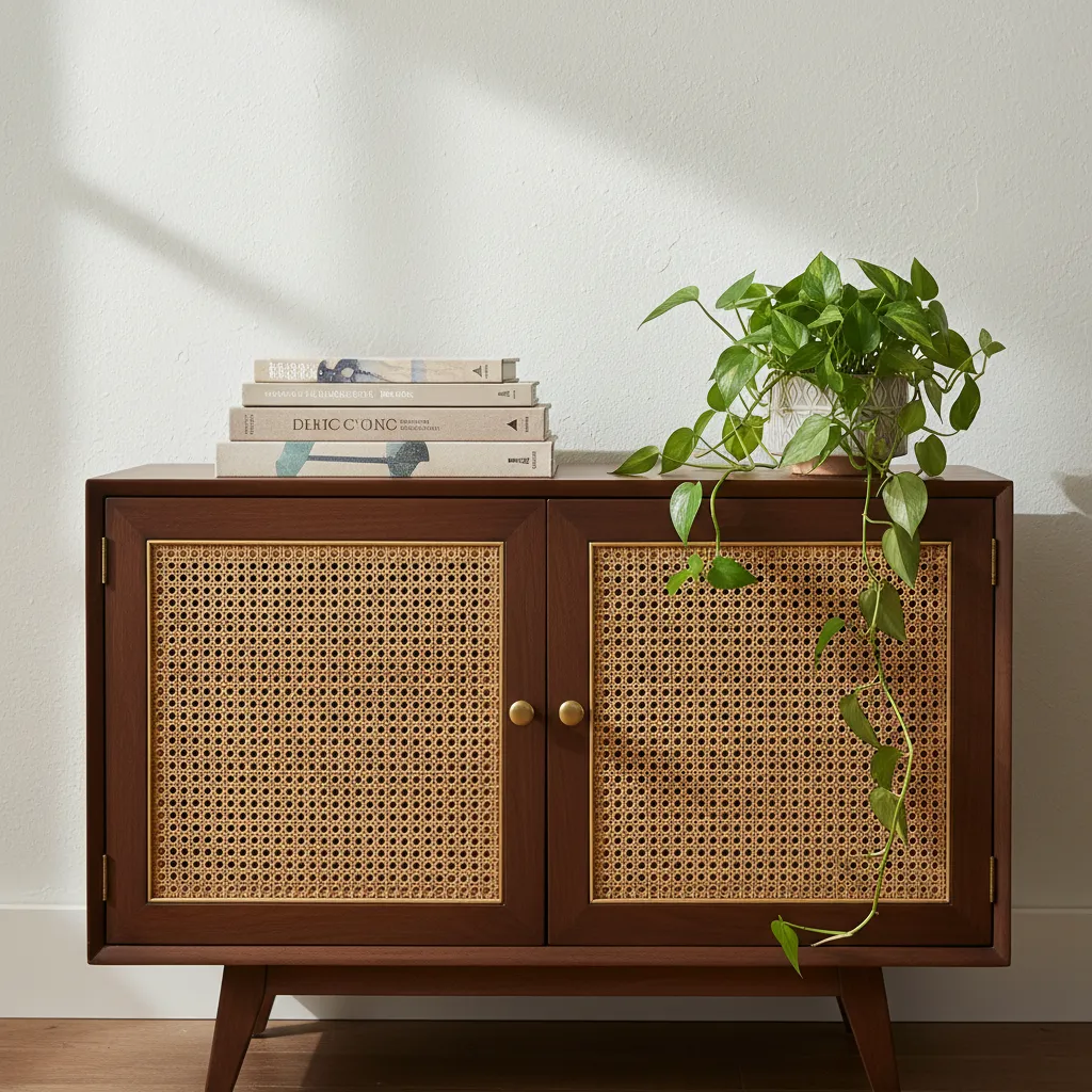 Close up of a vented mid-century cabinet hiding internet router