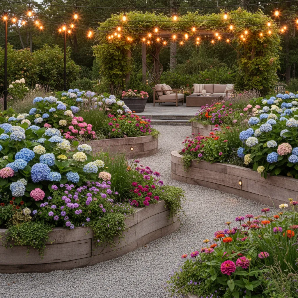 Beautifully styled cut flower garden using raised beds as islands with gravel pathways and ambient lighting
