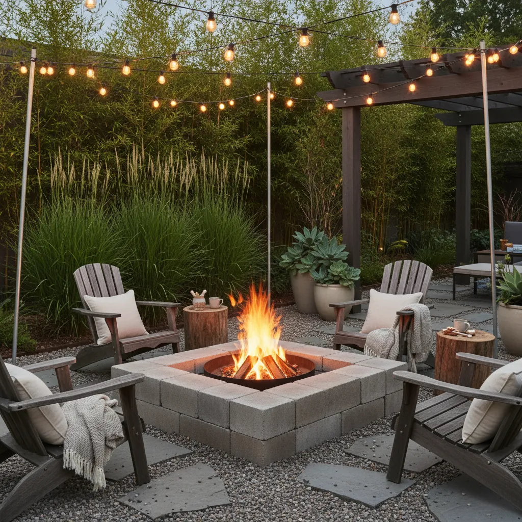 DIY cinder block fire pit with a black steel inner ring in a modern backyard