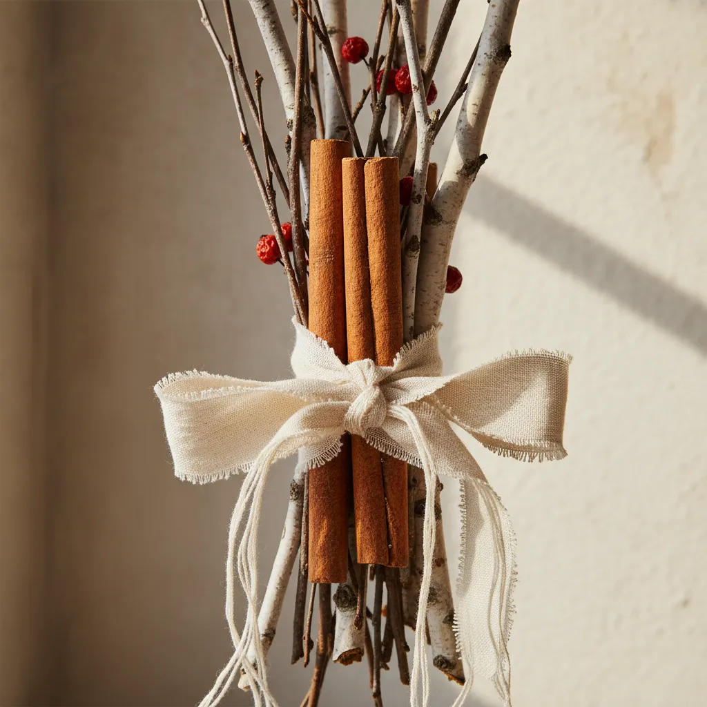 Close up of a decorative cinnamon and twig bundle tied with ribbon