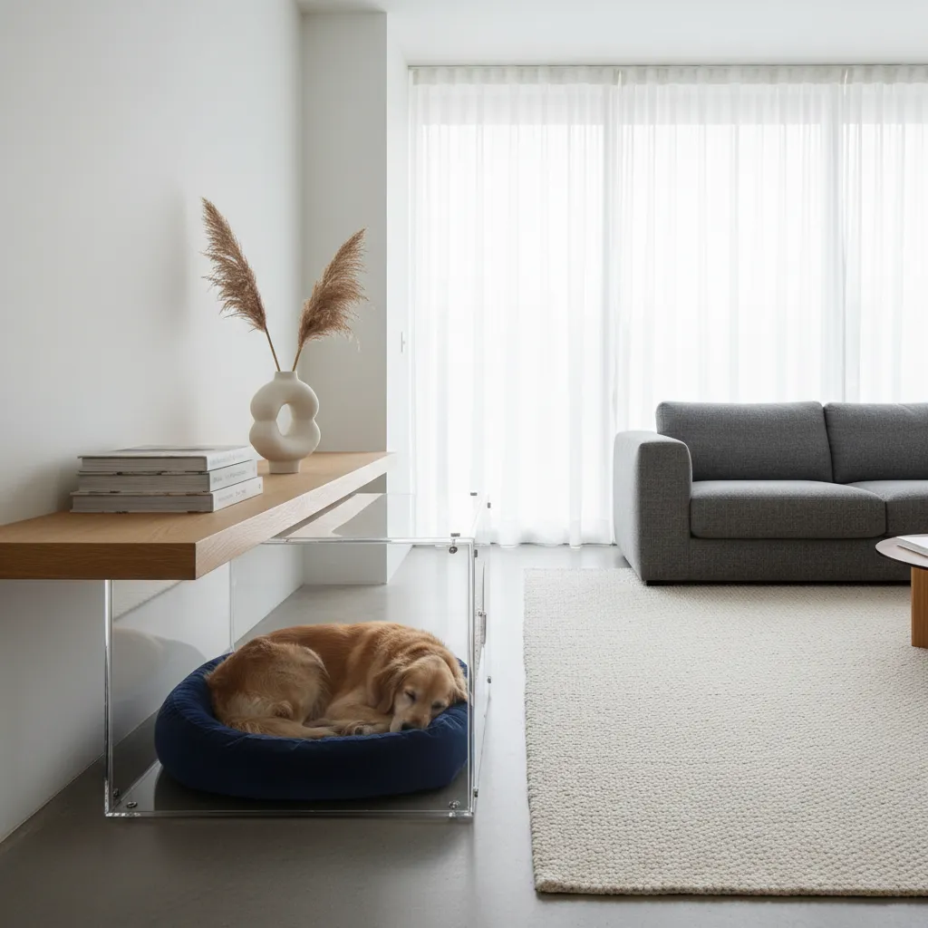 Clear Acrylic Modern Dog Crate A transparent acrylic dog crate in a minimalist living room corner