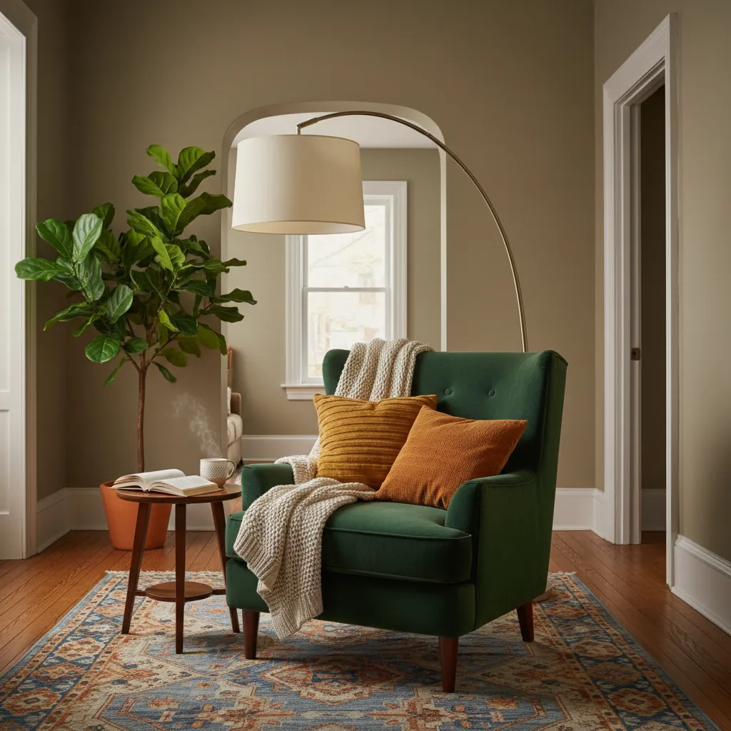 Clear Walkway Near Velvet Chair Living room walkway showing clear path past a velvet reading chair