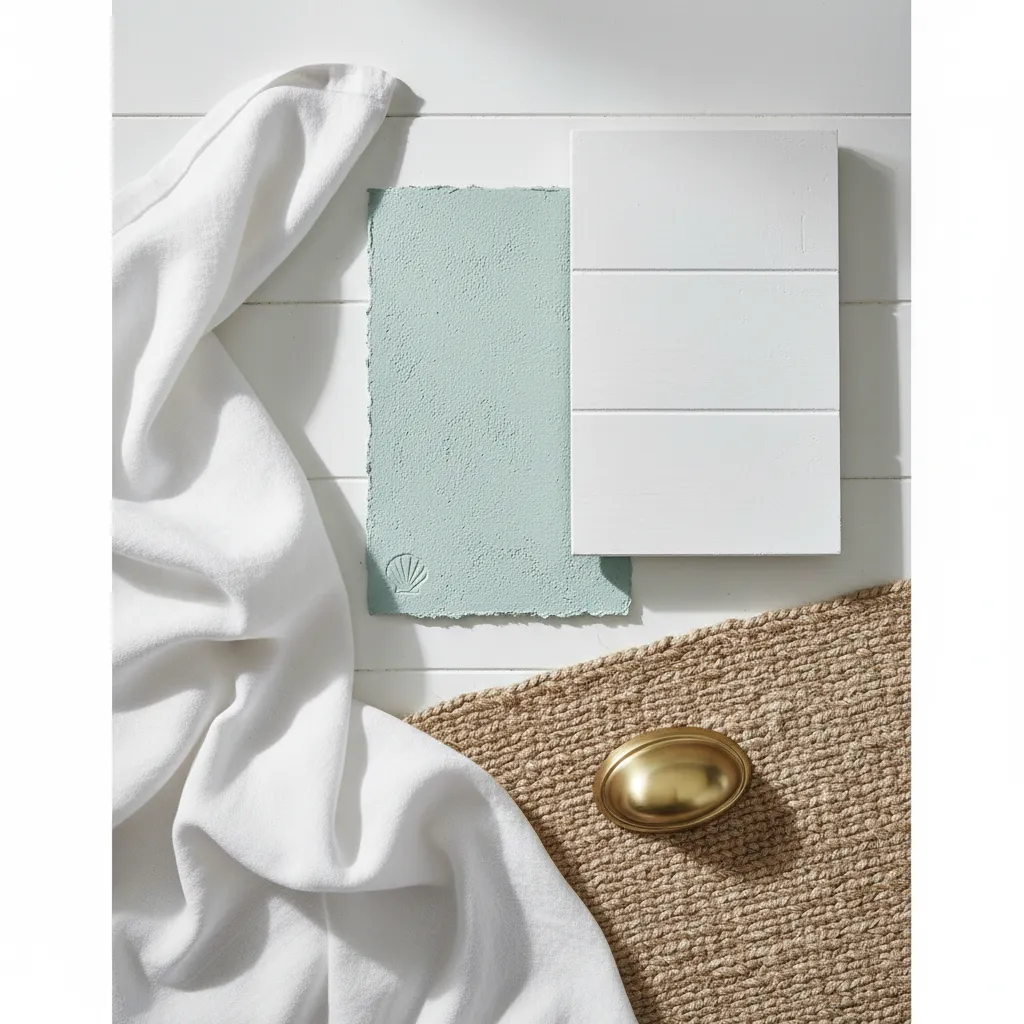 Interior design material board featuring Sea Salt paint and natural textures