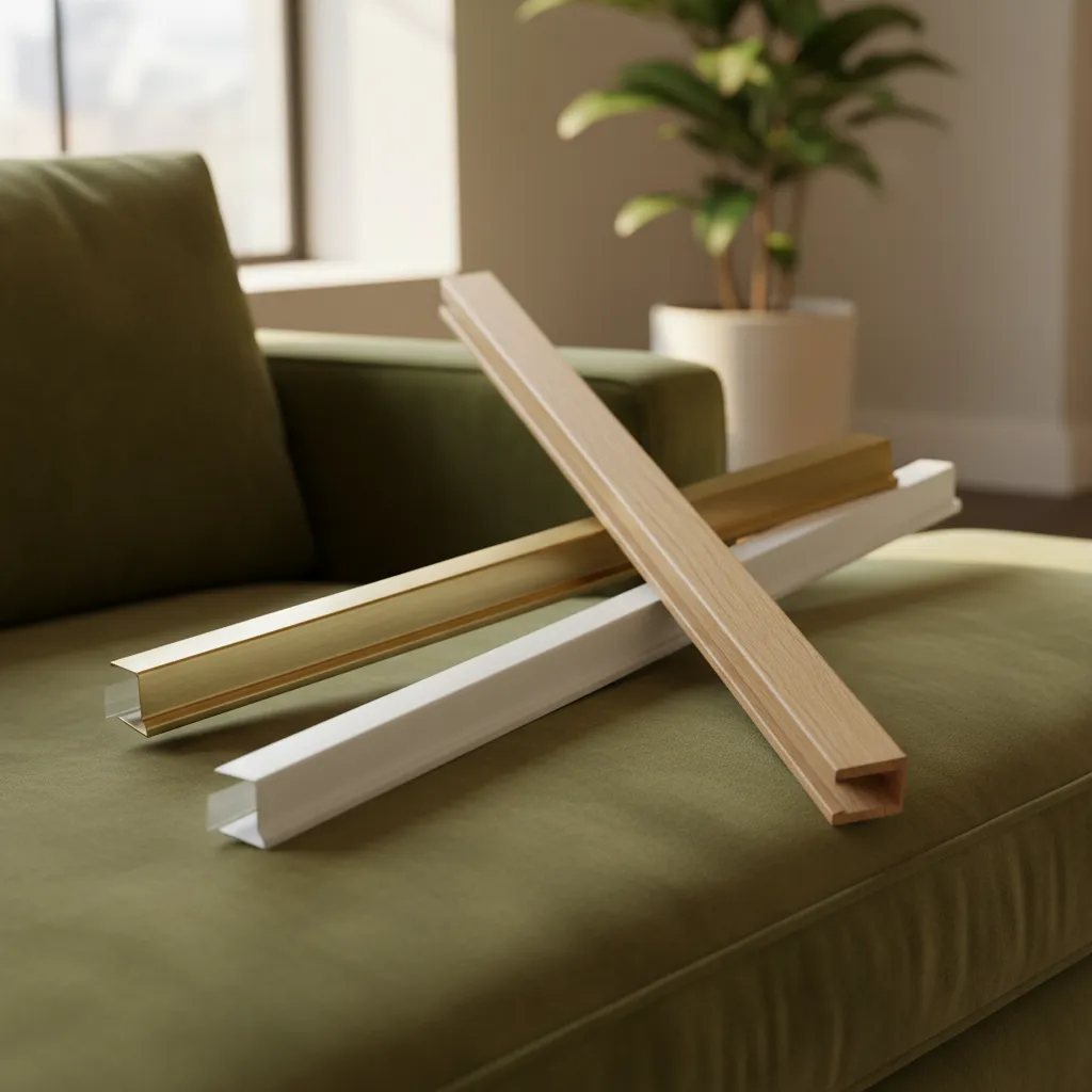 Close-up comparison of plastic, metal, and wood finish wall raceways for hiding TV cables.