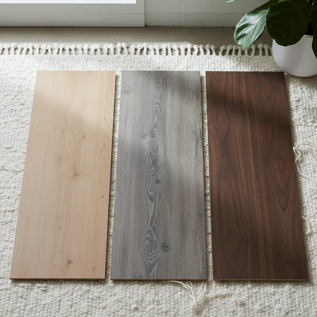 Comparing Vinyl Plank Wood Tones Samples of grey, blonde, and walnut vinyl plank flooring showing wood grain texture