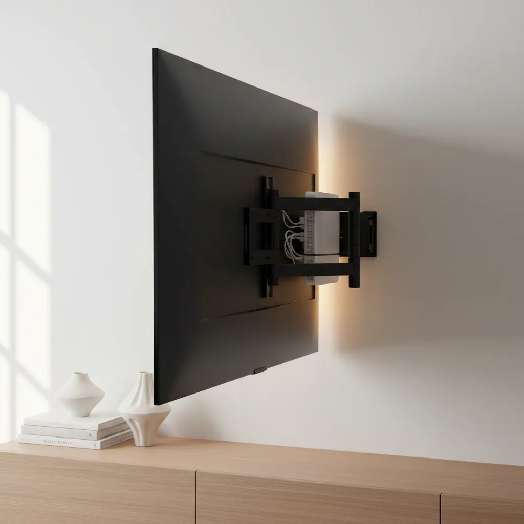 Close up showing router neatly hidden behind a wall mounted flat screen TV