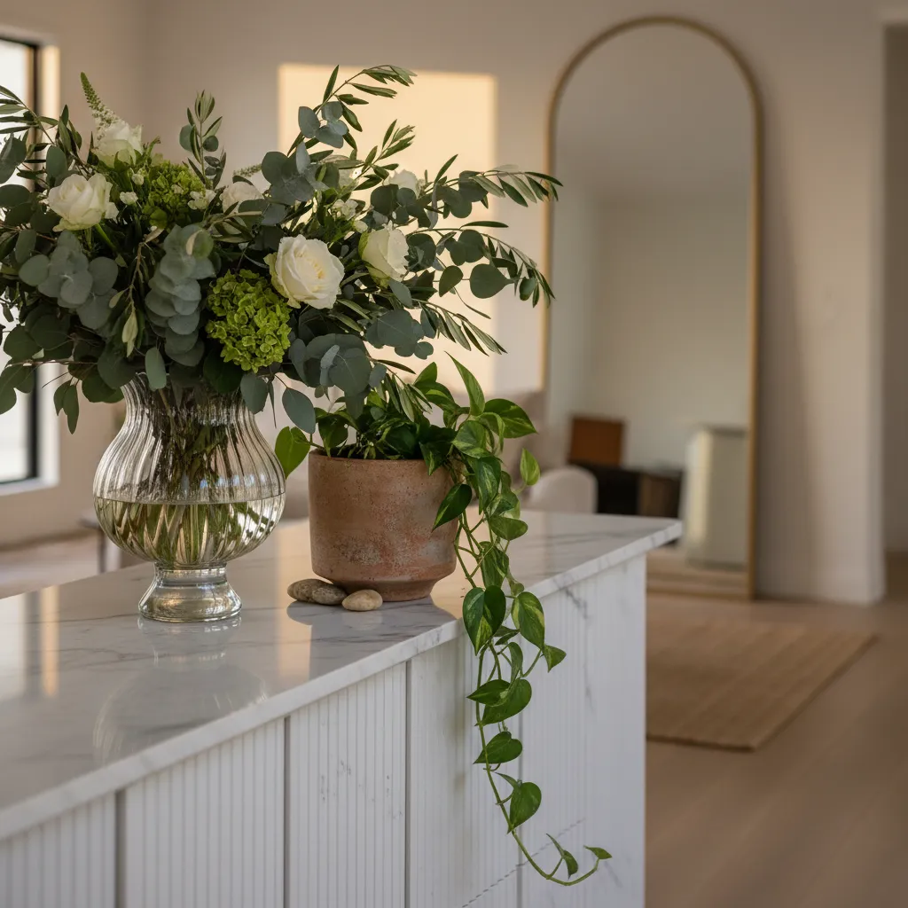 Ribbed glass vase and terracotta pot on a marble entryway table